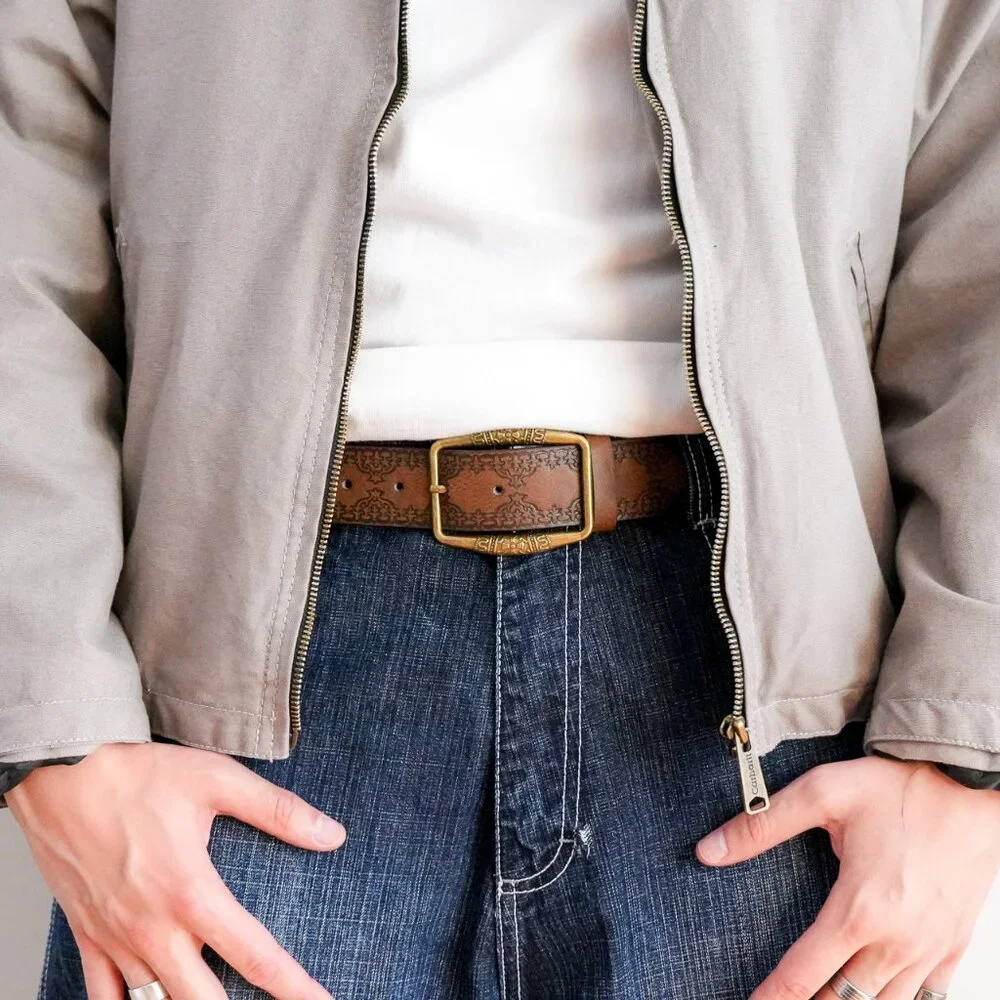 y2k vintage brown engraved brass buckle western belt